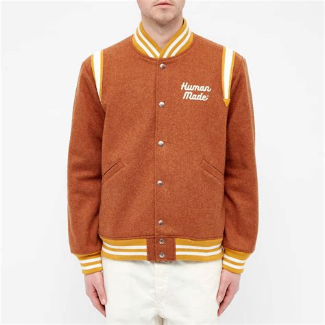 human made varsity jacket replica|brown varsity jacket goat.